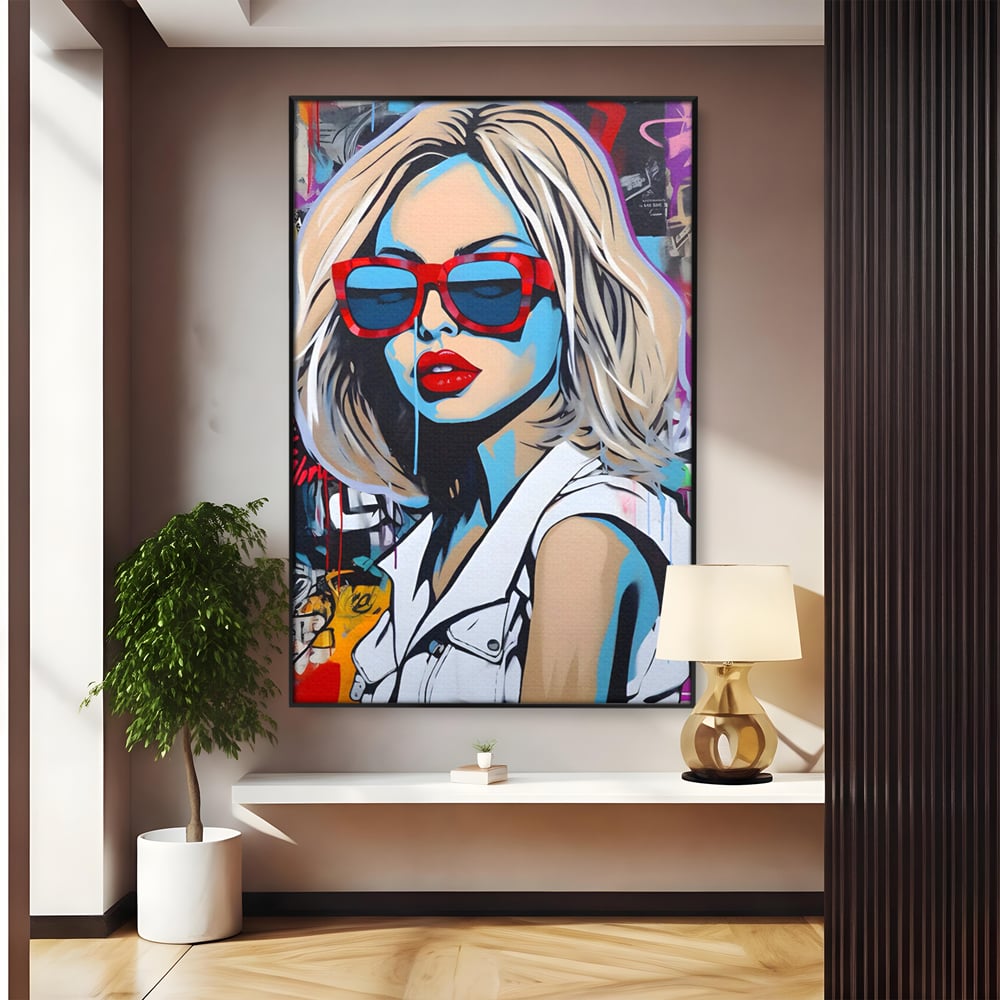 Tablou canvas cu tablou canvas portret pop art femeie cu ochelari, in rama de aluminiu negru